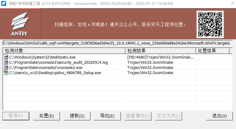图 42 “游蛇”专项排查工具发现被注入远控木马的恶意进程和文件
